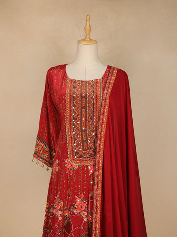 Red Floral Print Rayon Straight Cut Salwar Suit - Diadem