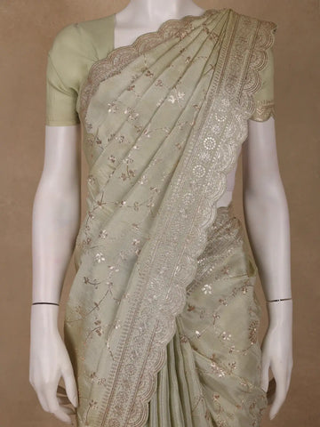 Pistachio Green Floral Embroidered Tissue Silk Saree with Scallop Border - Diadem
