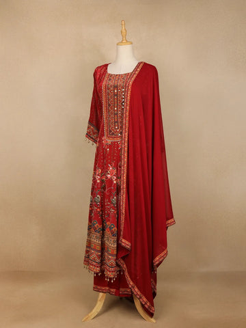 Red Floral Print Rayon Straight Cut Salwar Suit - Diadem