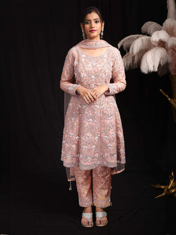 Onion Pink Floral Embroidered Net Salwar Suit - Diadem