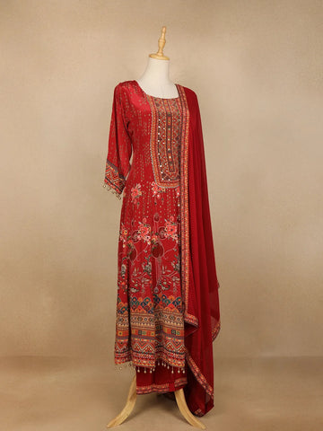 Red Floral Print Rayon Straight Cut Salwar Suit - Diadem