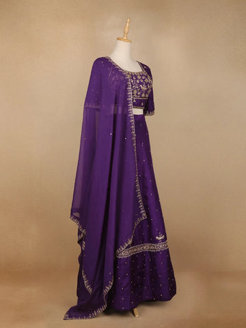 Dark Purple Floral Embroidered Raw Silk Bridesmaid Lehenga - Diadem