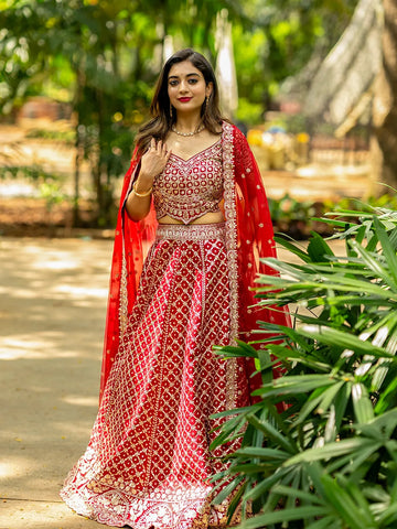 Dark Red Raw Silk Floral Designed Bridesmaid Lehenga - Diadem