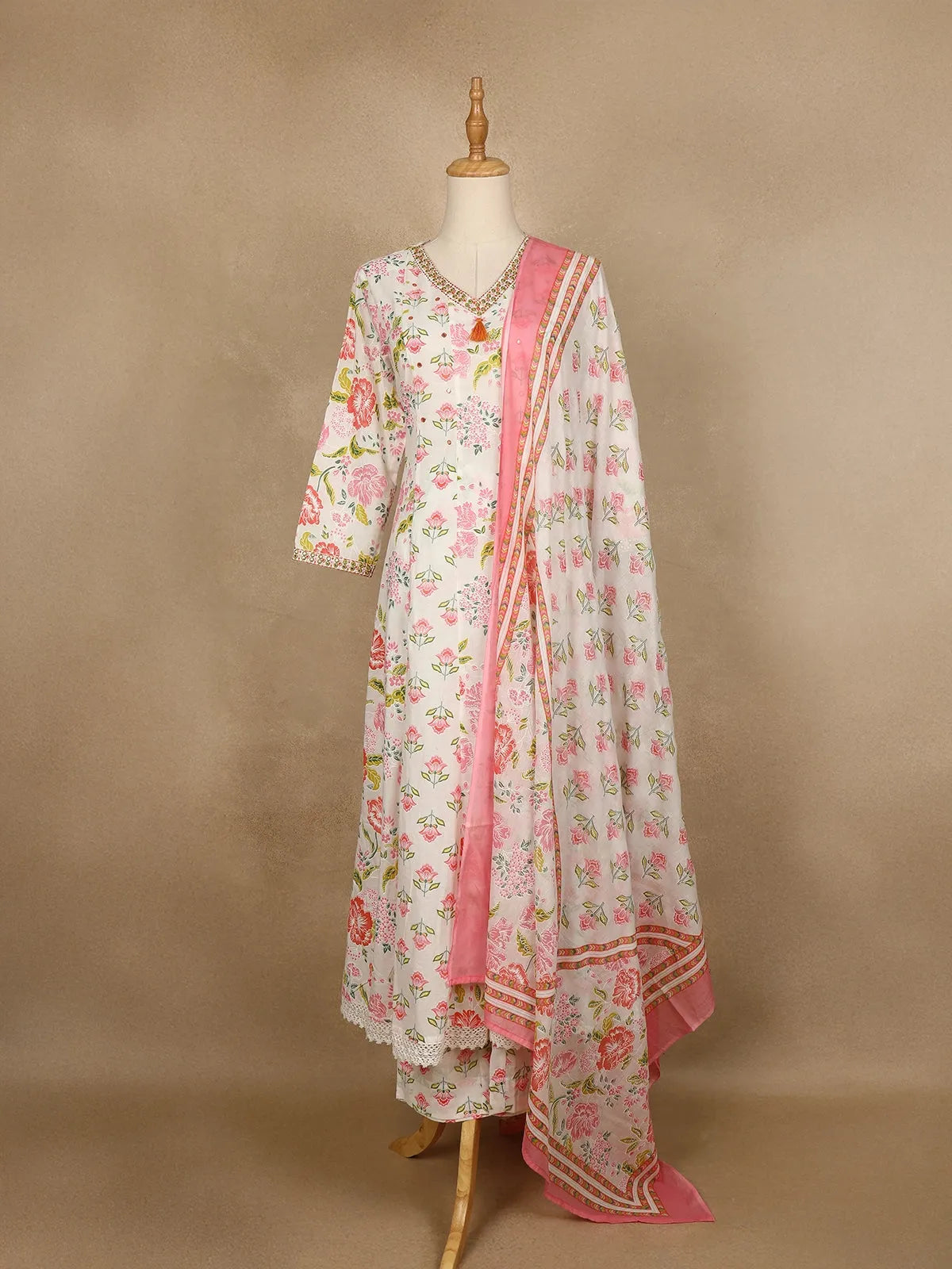 White Floral Print Cotton Straight Cut Salwar Suit - Diadem