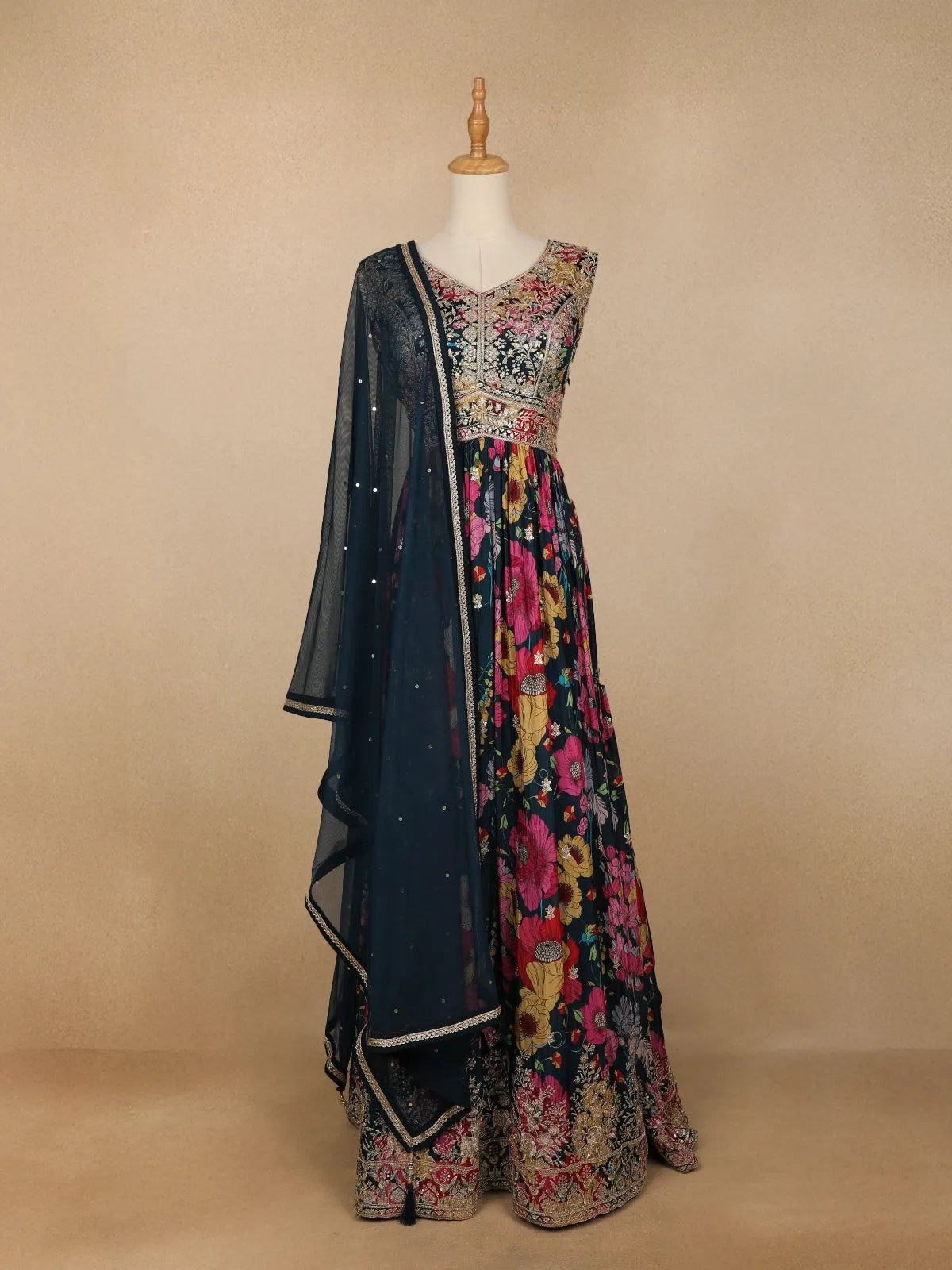 Dark Blue Floral Printed Crepe Gown - Diadem