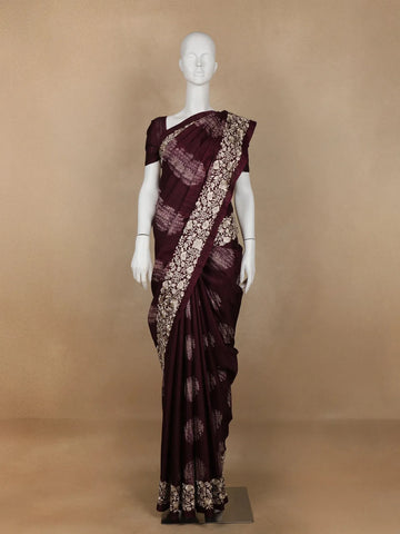 Dark Red Floral Designed Semi Tussar Silk Saree - Diadem
