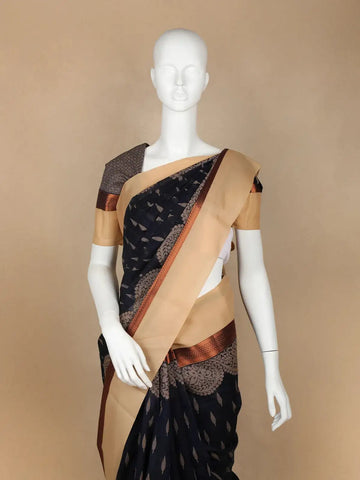 Black Leaf Designed Cotton Fancy Saree - Diadem