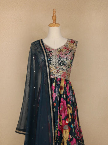Dark Blue Floral Printed Crepe Gown - Diadem