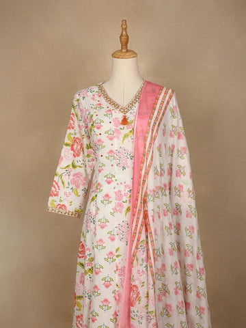 White Floral Print Cotton Straight Cut Salwar Suit - Diadem