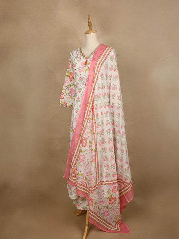 White Floral Print Cotton Straight Cut Salwar Suit - Diadem