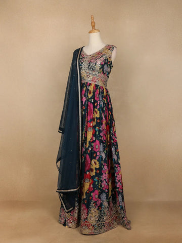 Dark Blue Floral Printed Crepe Gown - Diadem