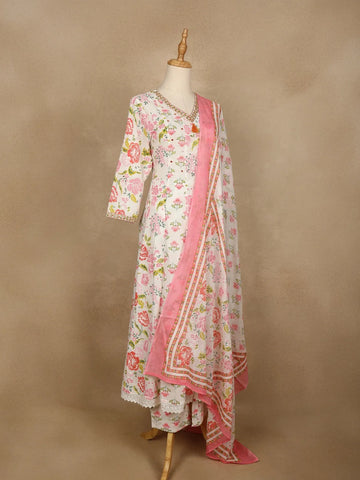White Floral Print Cotton Straight Cut Salwar Suit - Diadem