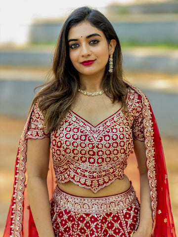 Dark Red Raw Silk Floral Designed Bridesmaid Lehenga - Diadem