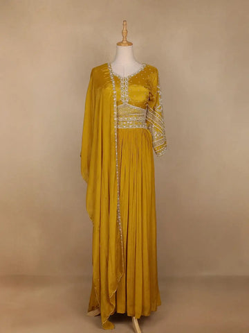 Yellow Floral Embroidered Crepe Bridesmaids Lehenga - Diadem