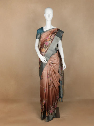 Brown Floral Designed Semi Tussar Silk Saree - Diadem