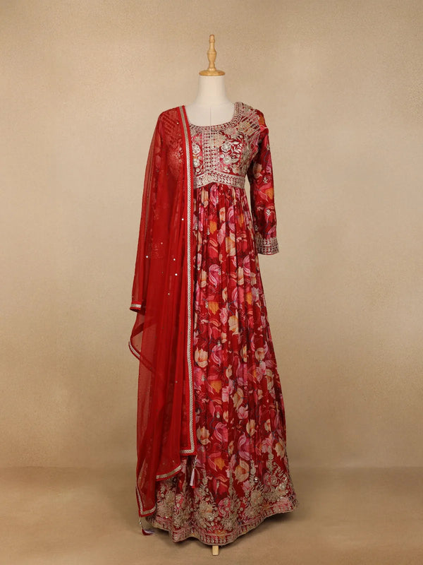 RED FLORAL CREPE SUIT
