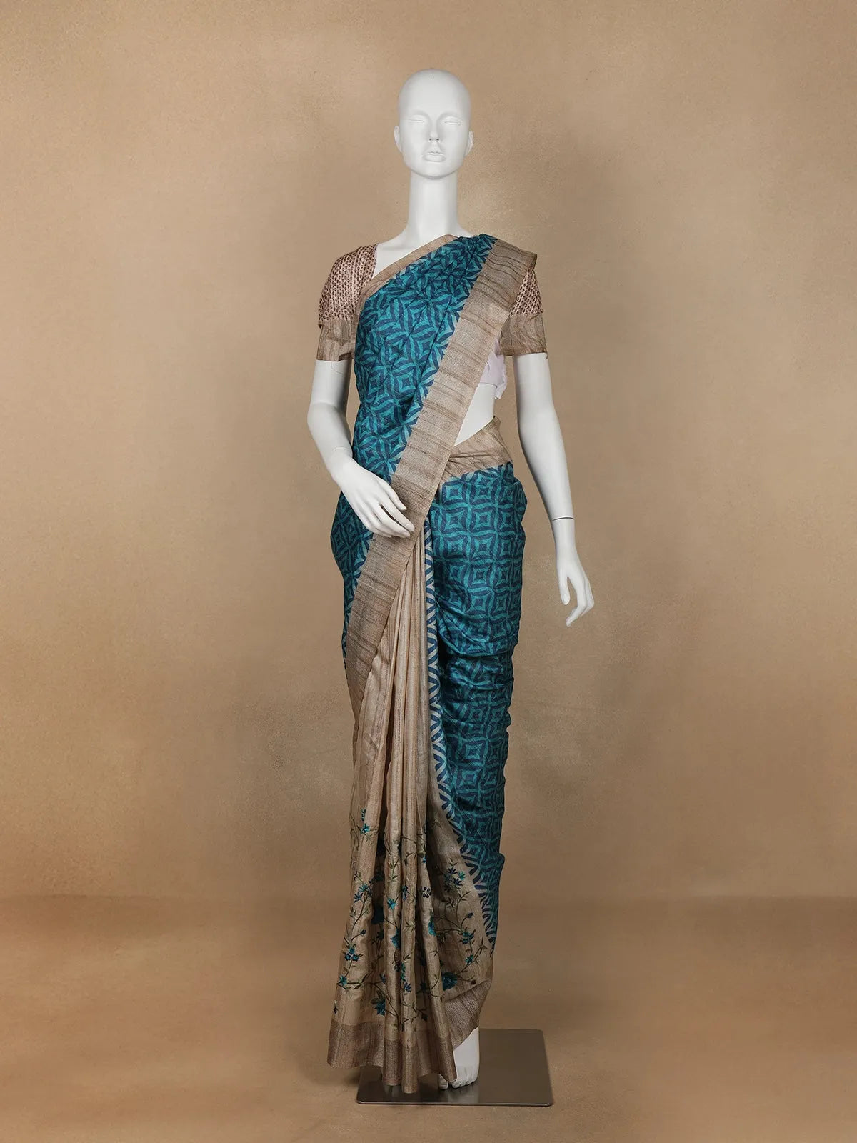 Sky Blue Abstract Designed Semi Tussar Silk Saree - Diadem