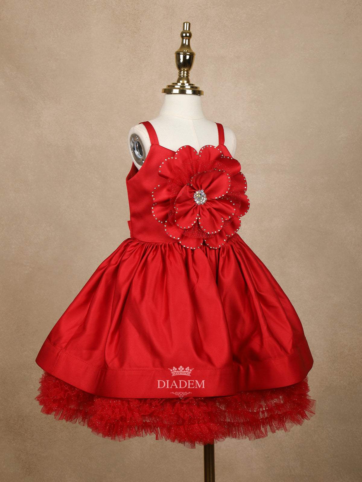 Red Semi Silk 3D Floral Designed Party Wear Gown for Girls - Diadem