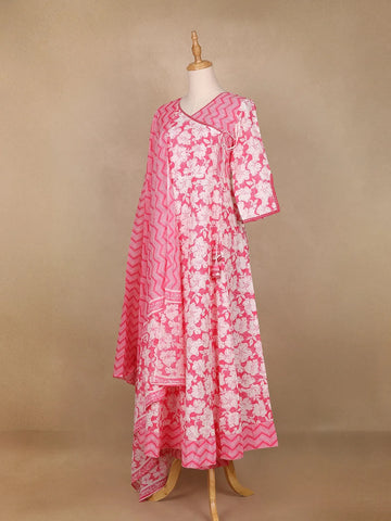 Light Pink Floral Printed Cotton Salwar Suit - Diadem