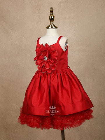 Red Semi Silk 3D Floral Designed Party Wear Gown for Girls - Diadem