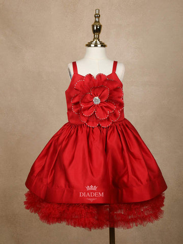 Red Semi Silk 3D Floral Designed Party Wear Gown for Girls - Diadem