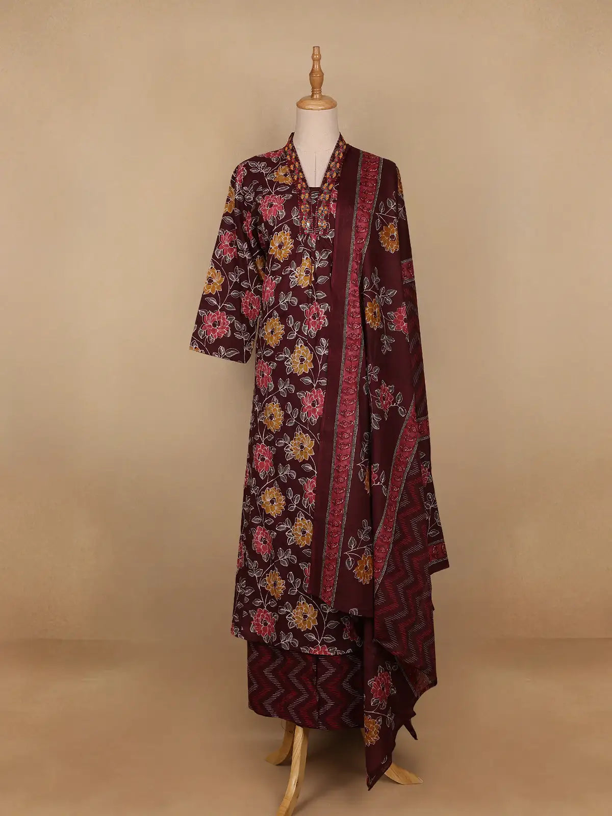 Red Floral Designed Cotton Salwar Suit - Diadem