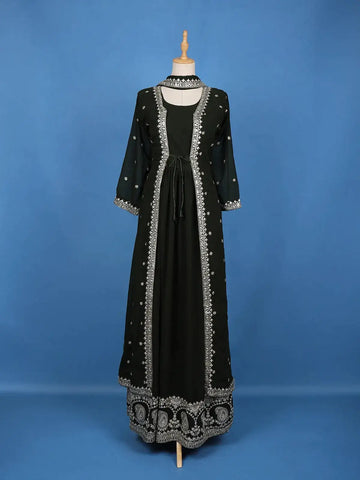 Black Sequin Embroidery Jacket Style Anarkali Gown - Diadem