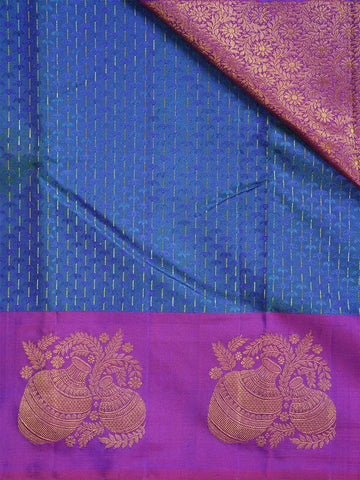 Blue Pure Kanchipuram Silk Saree With Floral Designs and Stripes On the Body with Contrast Zari Border - Diadem