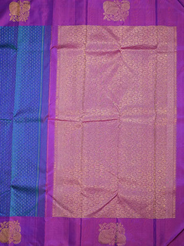 Blue Pure Kanchipuram Silk Saree With Floral Designs and Stripes On the Body with Contrast Zari Border - Diadem