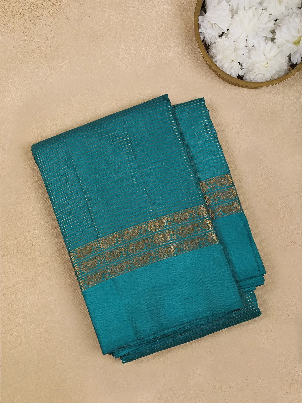 Teal Blue Stripes Woven Pure Kanchipuram Silk Saree - Diadem