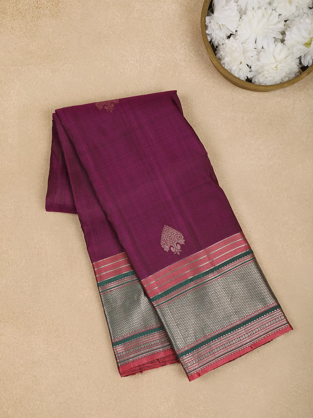 Dark Pink Floral Woven Pure Kanchipuram Silk Saree - Diadem