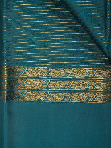 Teal Blue Stripes Woven Pure Kanchipuram Silk Saree - Diadem