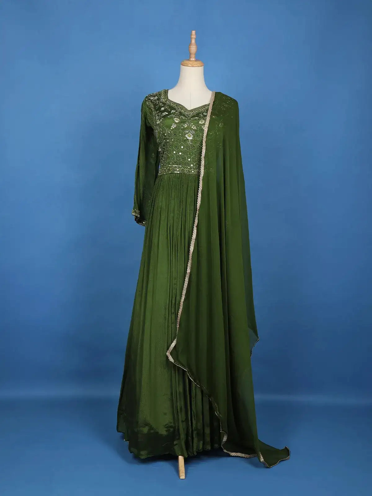 Bottle Green Mirror Work And Floral Embroidery Crepe Gown - Diadem