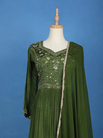 Bottle Green Mirror Work And Floral Embroidery Crepe Gown - Diadem