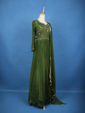 Bottle Green Mirror Work And Floral Embroidery Crepe Gown - Diadem