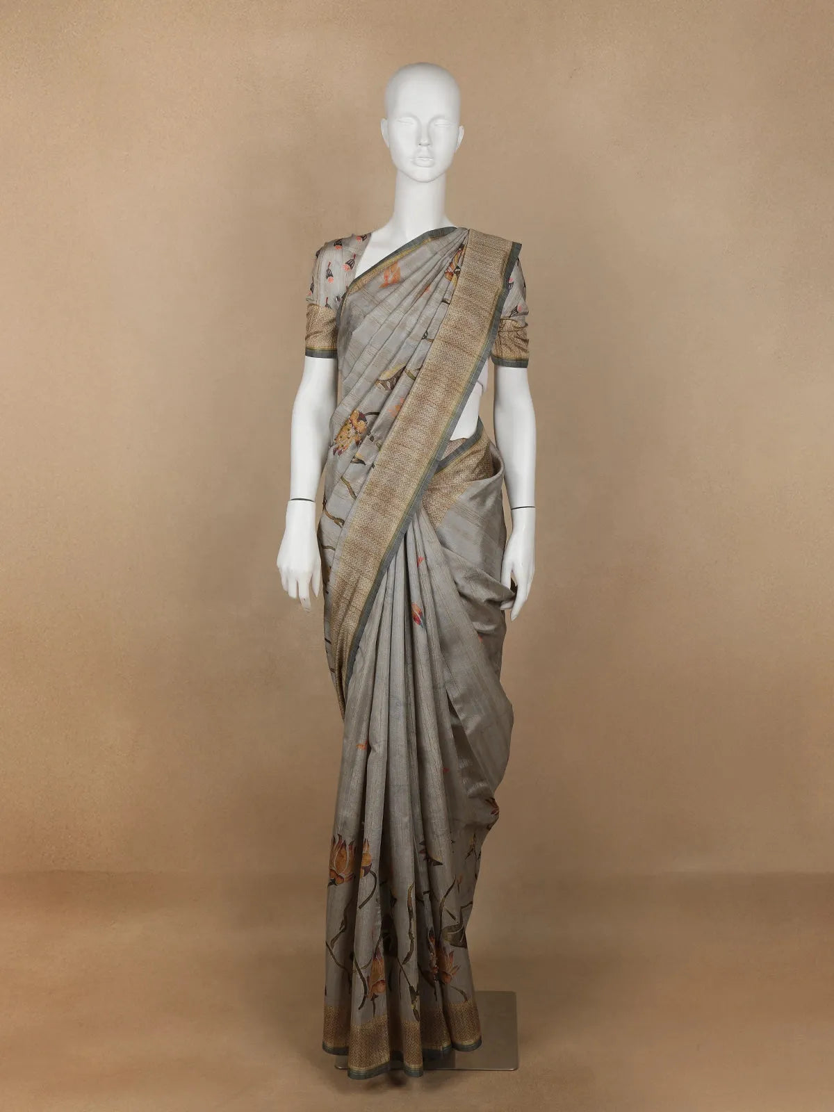 Grey Floral Designed Semi Tussar Silk Saree - Diadem
