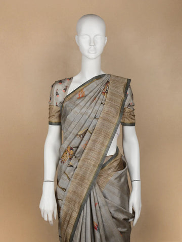 Grey Floral Designed Semi Tussar Silk Saree - Diadem
