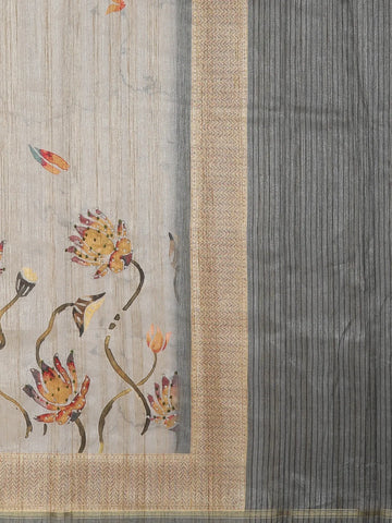 Grey Floral Designed Semi Tussar Silk Saree - Diadem