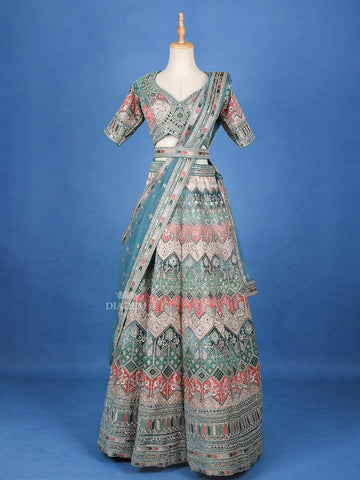 Teal Green Velvet Semi Silk Sangeet Lehenga with Floral Embroidery - Diadem