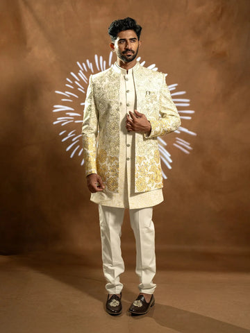 Cream White Raw Silk Floral Designed Sherwani Suit - Diadem
