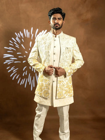 Cream White Raw Silk Floral Designed Sherwani Suit - Diadem