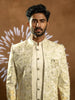 Cream White Raw Silk Floral Designed Sherwani Suit - Diadem