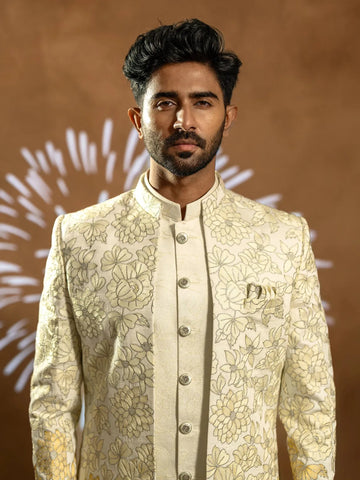 Cream White Raw Silk Floral Designed Sherwani Suit - Diadem