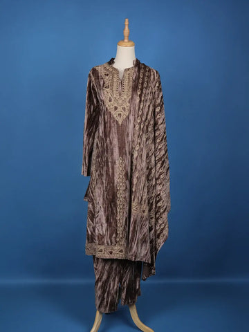 Brown Abstract Designed Velvet Salwar Suit - Diadem