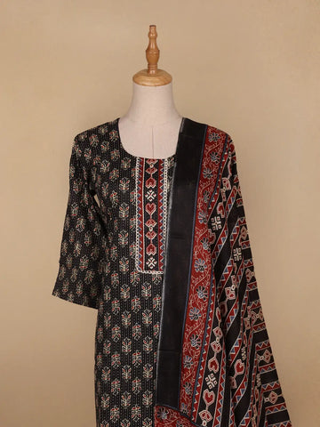 Black Floral Designed Cotton Salwar Suit - Diadem