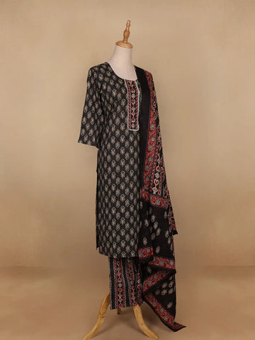 Black Floral Designed Cotton Salwar Suit - Diadem