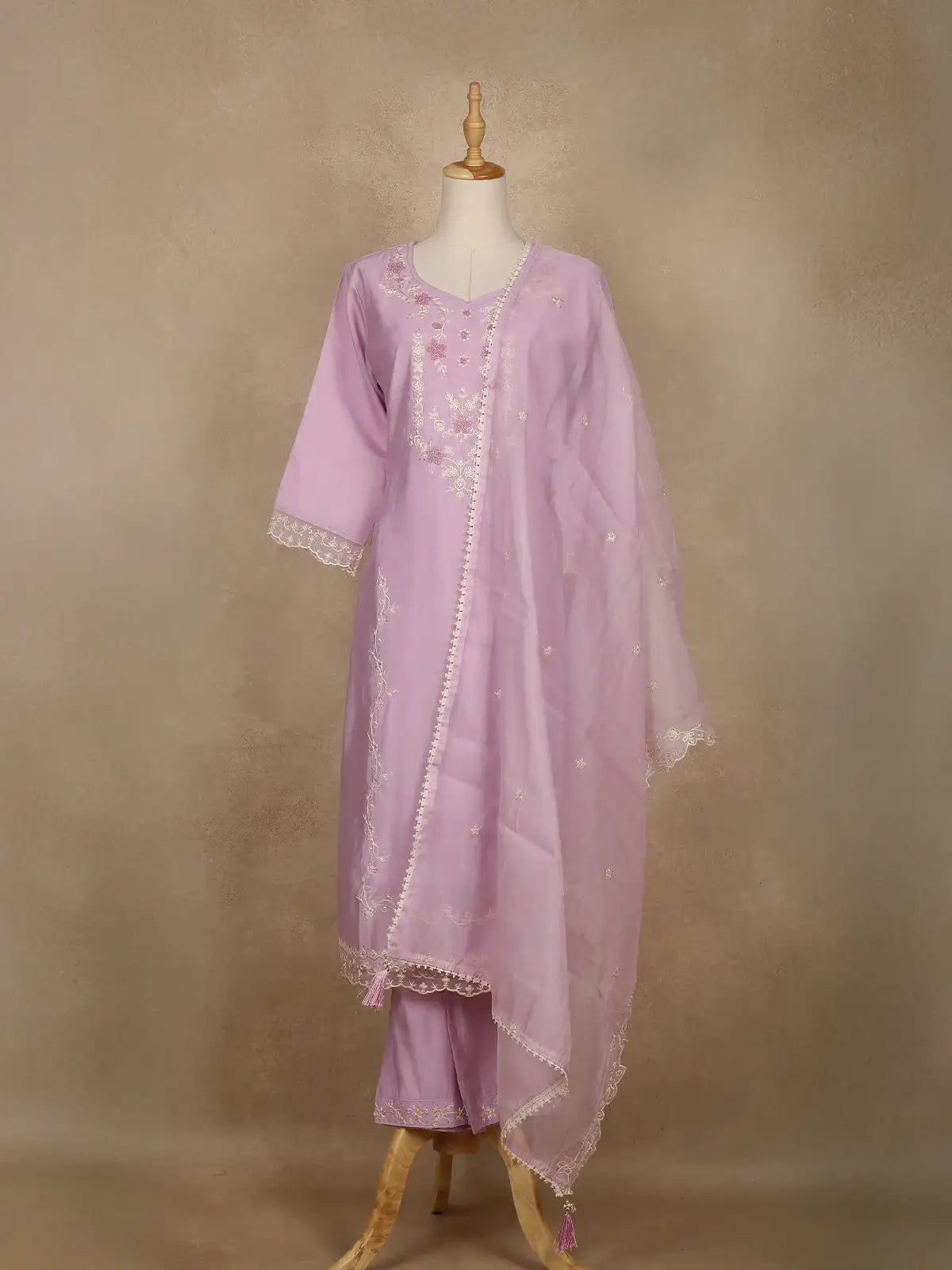 Lavender Floral Embroidered Silk Cotton Salwar Suit - Diadem