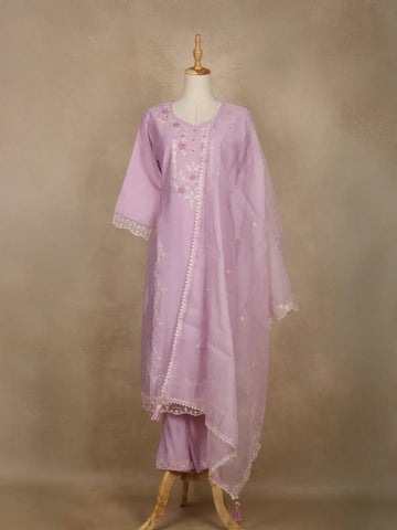 Lavender Floral Embroidered Silk Cotton Salwar Suit - Diadem