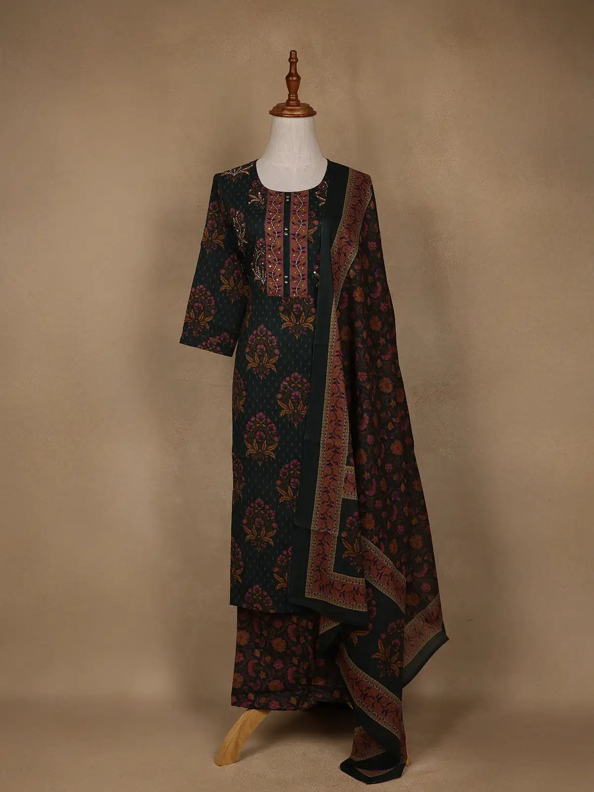 Green Floral Design Printed Cotton Salwar Suit - Diadem