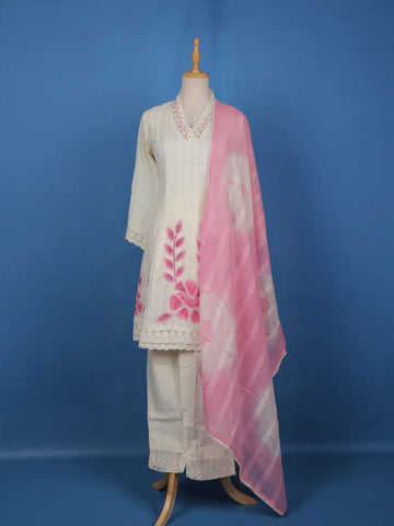 Ivory Leaf Printed Cotton Salwar Suit - Diadem